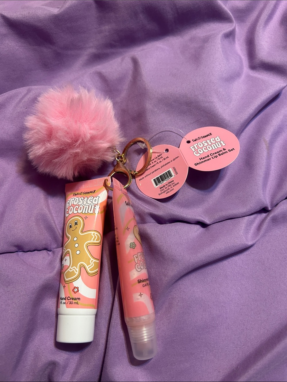 Ulta Beauty Frosted Coconut Pink Hand Cream & Lip Shimmer Set with Pom Keyring